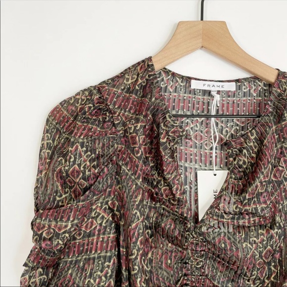 Frame Shirred Keyhole Metallic Silk Ruched Blouse top - Picture 3 of 3